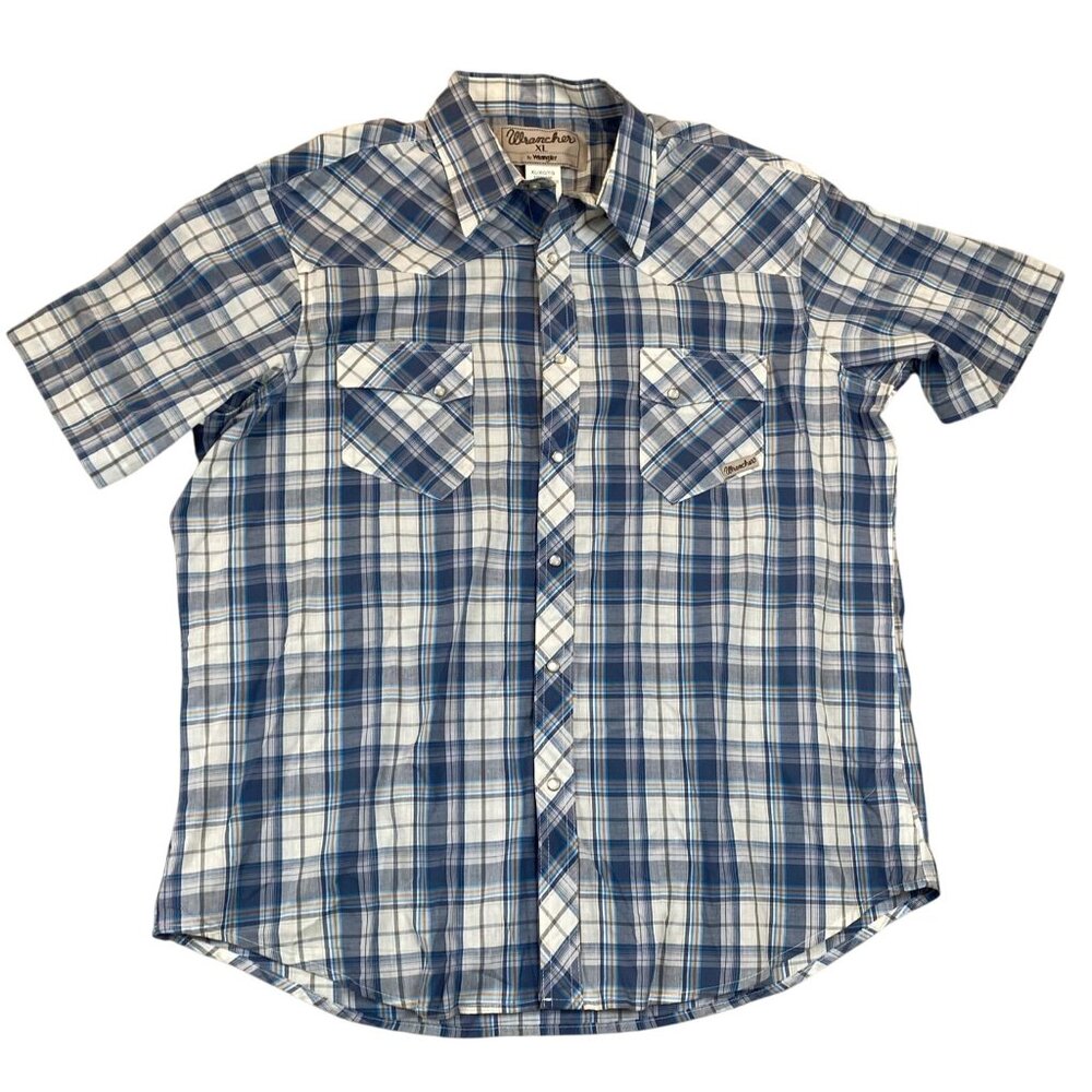Wrangler Mens Shirt XL Plaid Short Sleeve Western Blue/White Pearl Snap